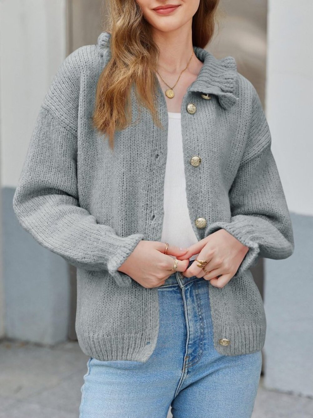 Womens Ruffle Cardigan Oversized Button Up Fall Trendy Ribbed Knit Open Front - Picture 2 of 8
